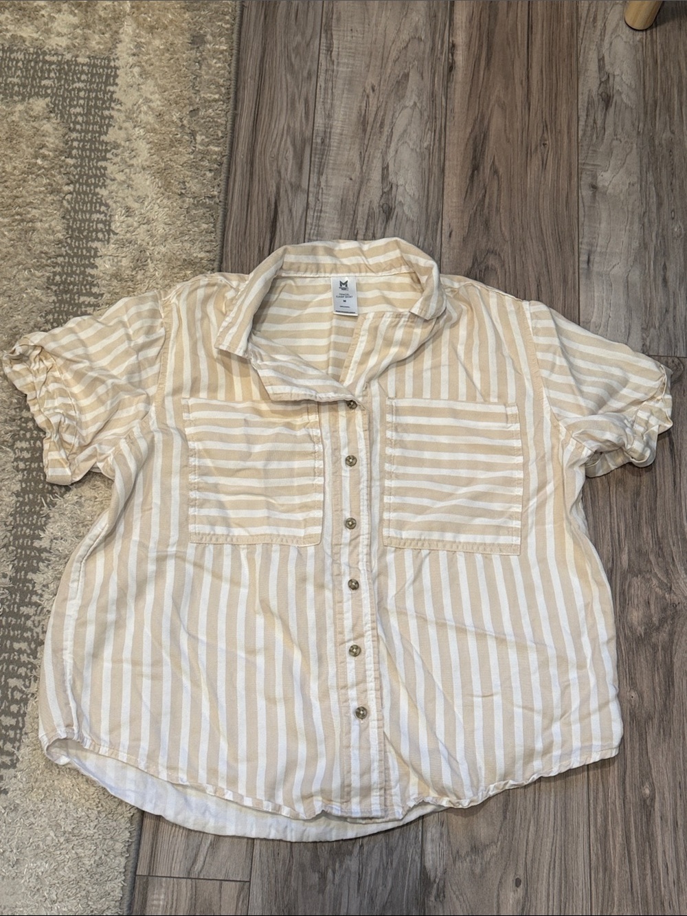 Member’s Mark Tercel Camp Shirt Casual Beige & White Striped Button-Up Shirt